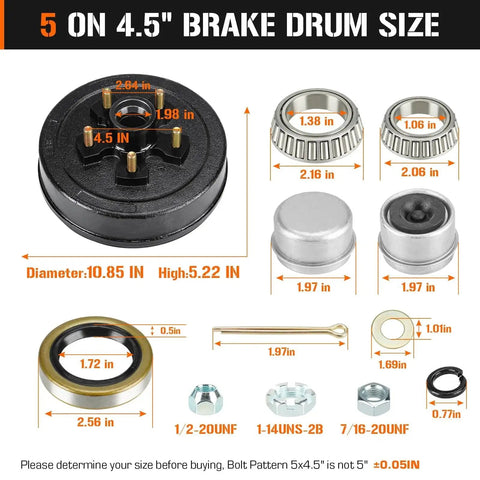 Trailer brake drum kit, 5 on 4.5 in bolt circle; front view shows 10.85 in drum diameter, bearings, seals, cotter pin.