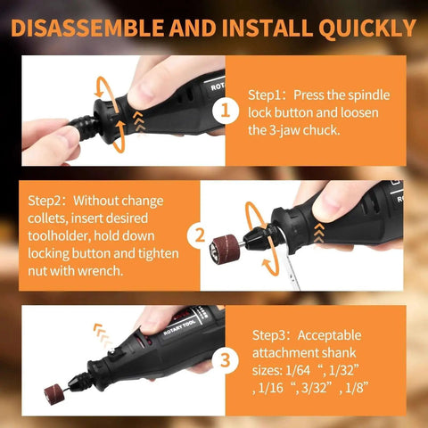 Versatile Rotary Tool Kit With Keyless Chuck And Flex Shaft, 140 Accessories, step-by-step installation guide