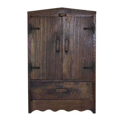 Wooden cabinet with Six Pack Heavy Duty 5 Inch Gate Hinges Strap Hinges For Barn Doors installed, showing iron construction and durability.