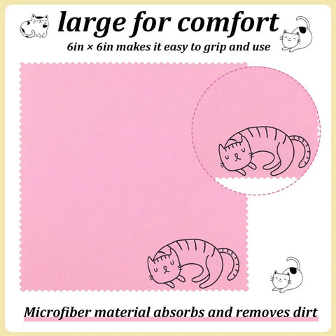 Pink kitty design microfiber cloth for glasses and phones, 6x6 inches, highlighting large size and comfort.