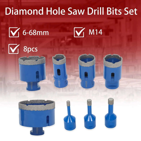 Diamond Hole Saw Drill Bit Set With 8 Pieces 6mm To 68mm M14 Threaded Core Bits For Tile Ceramic Porcelain Marble Granite And Stone Vacuum Brazed For Long Lasting Sharpness Pro Grade Triangle Shank Storage Case