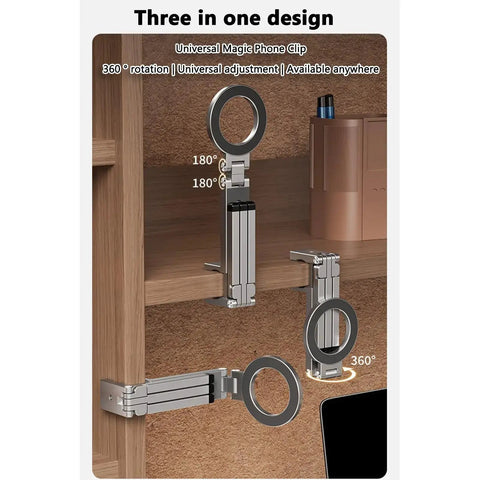 Aluminum Magnetic Phone Tripod For iPhone 12 Through 16 Pro Max Series, shown on a shelf with folding stand and 360-degree rotation.