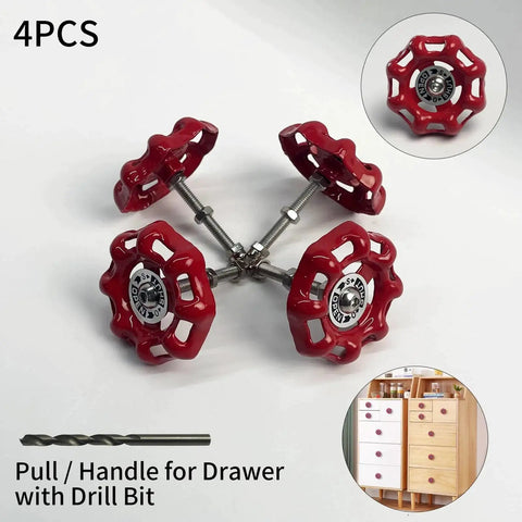 4 Pack Vintage Iron Valve Cabinet Knobs And Pulls With Drill Bit, Unique Disc Shaped Metal Handles For Cabinets, Industrial Style Red Finish
