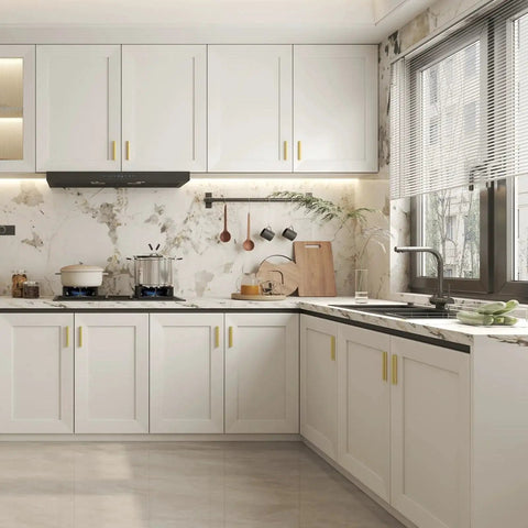 Modern kitchen with white cabinets featuring 10 Pack Adjustable Cabinet Drawer Pulls 102mm 4 Inch Brushed Brass Drawer Handles.