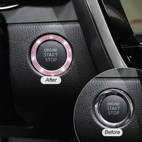 Car Bling Crystal Rhinestone Engine Start Ring Decals 2 Pack Push Start Button Cover Sticker Key Ignition Knob Bling Ring Sparkling Pink Interior Accessory For Women installed before and after view of ignition button.
