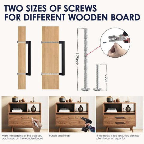 Matte Black Cabinet Handles Set Of 10, 5 Inch Center To Center installed on dresser with two screw sizes for placement options.