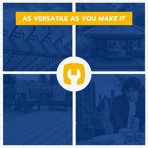 Collage with a pergola, outdoor seating, and a person working with tools, emphasizing versatility in construction projects.