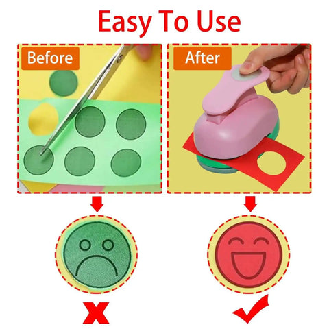 Comparison of using scissors vs 2 Inch Circle Hole Punch For Crafting And Scrapbooking, showing before and after circular paper cuts