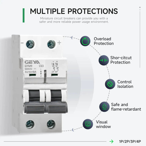 DC Miniature Circuit Breaker 2 Pole 500V 40 Amp Disconnect Switch Isolator with thermal magnetic trip, shown with multiple protections