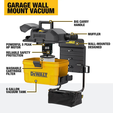 Heavy-Duty Wall-Mount Wet-Dry Vacuum For Garage And Shop, 6 Gallon Capacity, 5 Peak HP Motor, DXV06G Beast Mode Suction