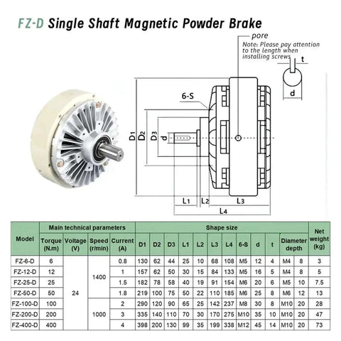 Image of FZ-D Single Shaft Magnetic Powder Brake with technical specifications and dimensions chart.
