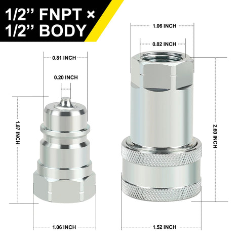 Two silver ANCIMOON 1/2 inch FNPT x 1/2 inch ISO 5675 poppet pioneer hydraulic quick-connect couplers with dust caps