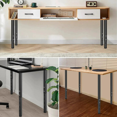 Adjustable Metal Desk Legs 21 To 36 Inches Set For Home Office DIY Furniture in different desk setups with wooden tabletops.
