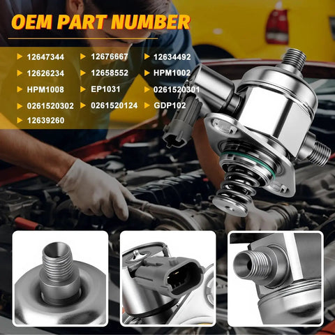 Buick High Pressure Fuel Pump For V6 3.6L Engines, OE Replacement shown with part numbers and vehicle compatibility details.