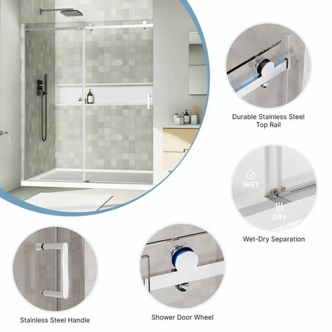 Frameless Sliding Shower Door 48x72 Inches With 1/4 Inch Tempered Glass, Heavy-Duty 304 Stainless Steel Hardware, installed view