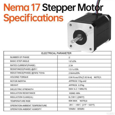 Three Pack Nema 17 Stepper Motors For DIY 3D Printers And CNC Machines YEJMKJ High Torque 0.84Nm specs sheet and motor