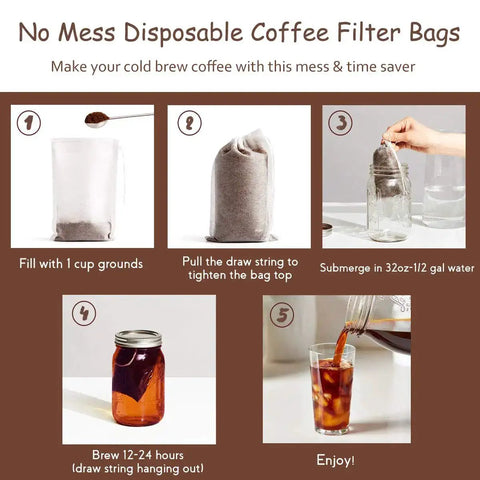 Step-by-step guide using No Mess Cold Brew Filters 100 Count Disposable Fine Mesh Bags For Concentrate And Iced Coffee Maker French Press.