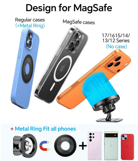 MagSafe Car Mount With 20 Strong Magnets For iPhone 14 15 16 17 Dashboard Holder with metal ring and various phone cases.