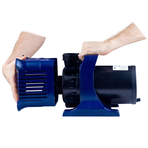 Submersible water pump with blue housing and black motor, held by hands; for ponds, fountains, and waterfalls.