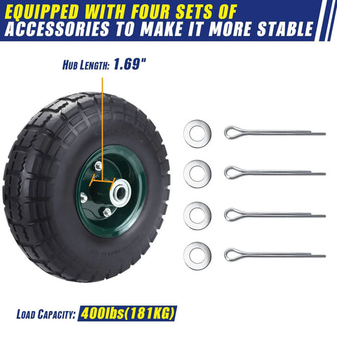 Four Pack 10 Inch Flat Free Airless Tires With Five Eighth Inch Center Bearings shown with hardware accessories