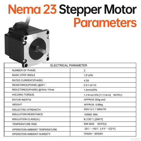 Diagram of Nema 23 stepper motor electrical parameters with focus keyword: High Torque Nema 23 Stepper Motor Kit Pack Three Units 1.8 Degree 2 Phase Bipolar 1.3Nm 184 Oz In, 57x57x54mm Body.