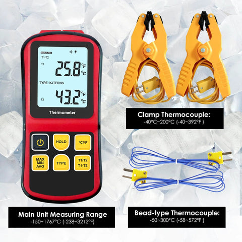 JuviPerpric digital K-type thermocouple thermometer, dual-channel tester; includes 2 clamp probes and 2 bead probes