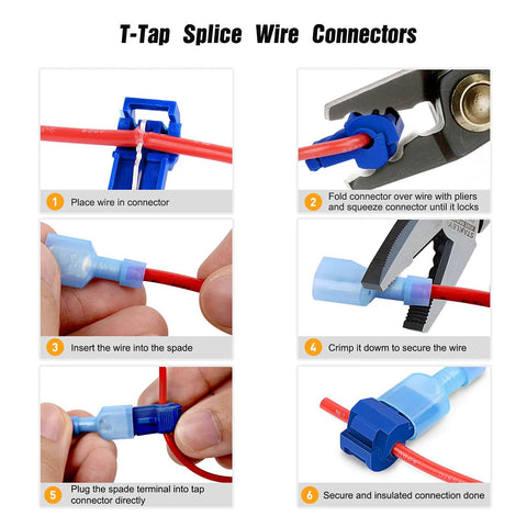 T-Tap splice wire connectors kit, blue nylon insulated male disconnects with red wires, 120 pcs