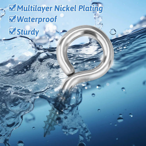 Nine Size Eye Hooks Screws Kit 306 Piece Assortment Nickel Plated showcasing waterproof durability against water backdrop.