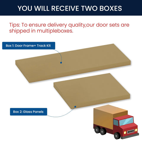 Image showing packaging of Sliding Closet Door Set For 72x80 Inch Openings, 3 Lite Frosted Glass MDF Barn Door With Hardware Kit
