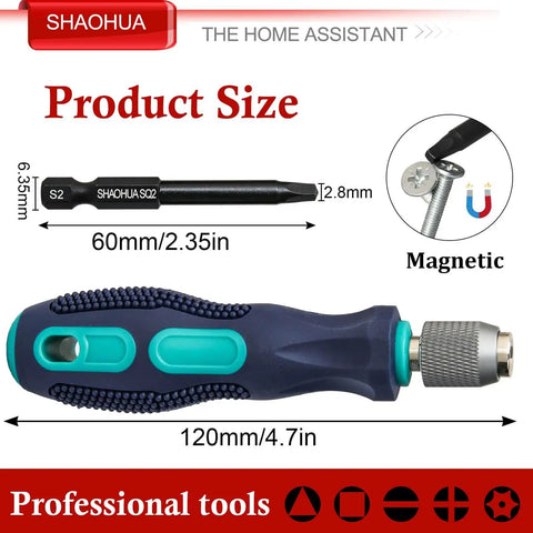 Pro Grade 11 Piece Square Drive Bit Set With 10 Number Two Square Bits And One Quarter Inch Magnetic Hex Shank Driver Two Point Three Inch Long SQ2 Alloy Steel Bits For Pocket Hole Jigs And Impact Drivers, showing magnetic hex shank and dimensions.