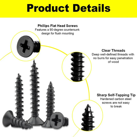 Wood Screws Assortment Kit 500 Piece Set with short cabinet screws, Phillips flat head self tapping, black carbon steel in detail