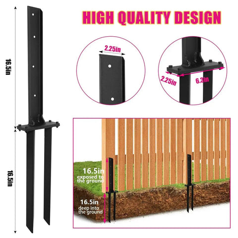 Heavy Duty Steel Fence Post Repair Kit With Double Ground Spikes And Post Anchors featuring 16.5in triangular stakes in use on fence