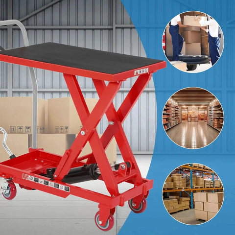 Heavy Duty Hydraulic Lift Table Cart 1100LB Capacity With 32 Inch Lift Height, red carbon steel, in warehouse setting