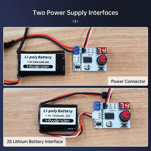 Digital Servo Tester For RC Systems with battery connectors and voltage display, shown with Li-poly batteries connected.