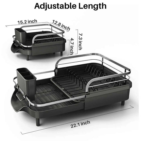 Expandable Dish Drying Rack For Kitchen Counter With Drainboard And Utensil Holder showing adjustable length from 15.2 to 22.1 inches