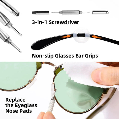 3-in-1 screwdriver, non-slip ear grips, and replacing nose pads for glasses in the Glasses Cleaning Kit With 24H Anti Fog Spray Microfiber Cloths Brush Wipes