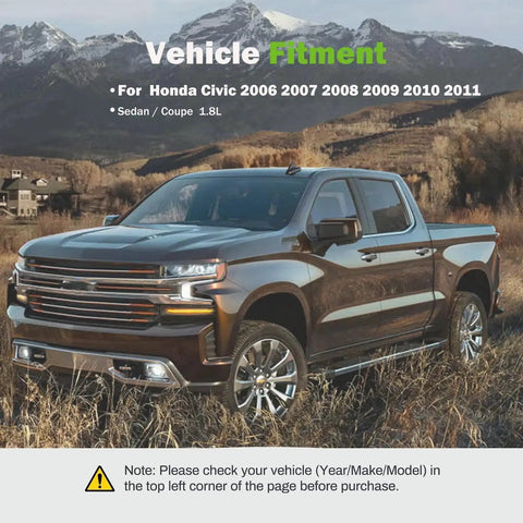 Vehicle fitment banner for Honda Civic 2006–2011 sedan/coupe 1.8L; blue pickup truck in a desert field.