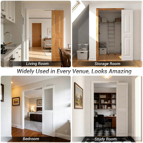Various rooms showcasing 180 Degree Bifold Barn Door Hardware Kit Hidden For Right Open Folding Closet Doors installation in bright spaces