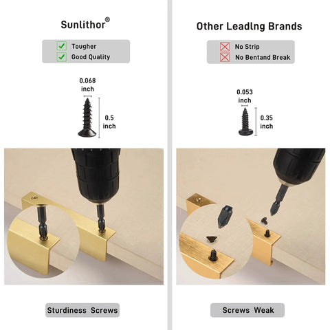 Comparison of Sunlithor screws and other brands with Edge Finger Pulls For Cabinets And Concealed Drawers, Aluminum Long Handle Hardware In Brushed Brass Finish