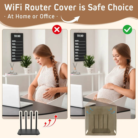 Otoolling large WiFi router cover with four-antenna base; EMF Faraday cage protection shown in two views