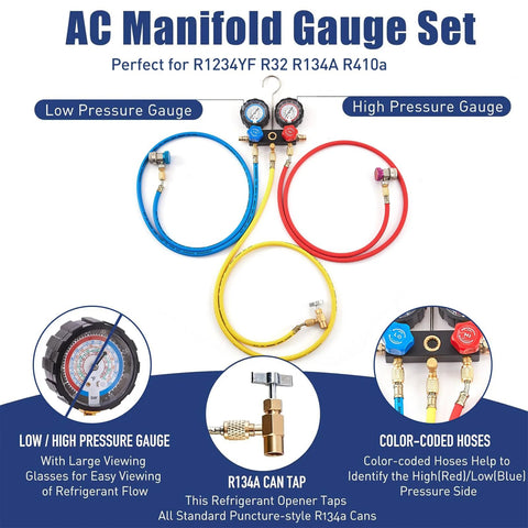 AC manifold gauge set with blue, red, and yellow hoses and dual gauges; includes R134a can tap.