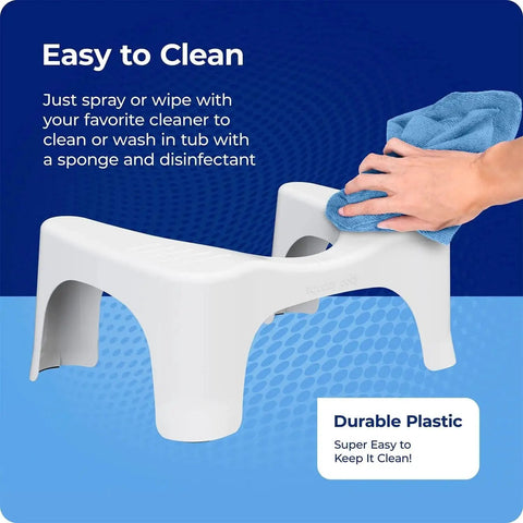 Simple Curve 7 Inch White Bathroom Toilet Stool For Easy Squatting being cleaned with a cloth, showing white plastic material.
