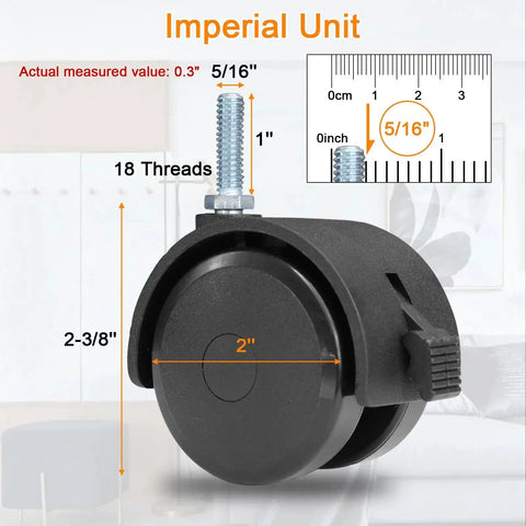 Close-up of 2 Inch Swivel Stem Caster with Locking Brakes for Furniture and Shelves AAGUT Black with size measurements
