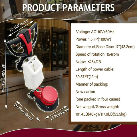 Heavy Duty 17 Inch Floor Scrubber Polisher With 1100W Motor shown with product dimensions and specifications on commercial floor