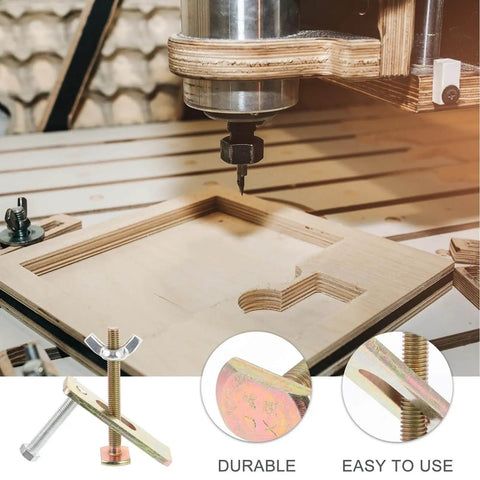 Two Sets Engraving Machine Hold Down Clamp Kit For CNC Routers, 100mm Aluminum Alloy Arcuate Press Plate in use on wood