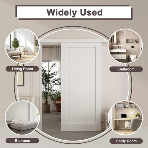 Sliding Barn Door With Hardware Kit, White Primed Solid Manufactured Wood Panel, Durable Track System, Room Divider View