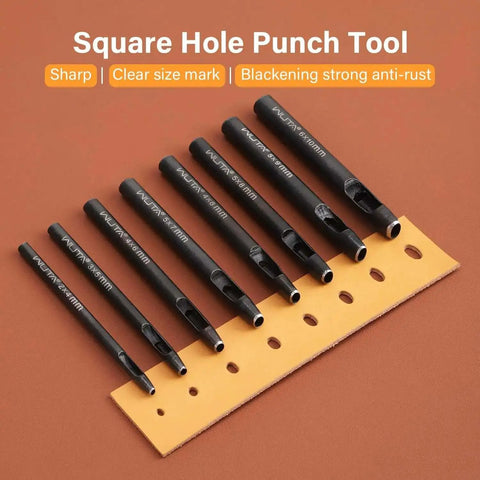 Eight Size Oval Leather Hole Punch Set 2x4mm To 6x10mm Made From Carbon Steel For Belt Holes And Leather Crafting Hand Punch Tool Built Tough For DIY Leatherworking Projects displayed on leather sheet