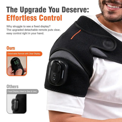 Man wearing Cordless Shoulder Heating Pad With Detachable Remote, Five Heat Levels And Five Vibration Modes, showing close-up of remote display