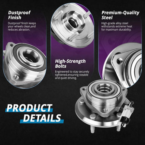 Front And Rear Wheel Hub Assembly Replacement Fits 2007 2008 2009 Chevy Equinox 2012 2013 2014 2015 Chevy Captiva Sport 2007 2008 2009 Pontiac Torrent 2008 2009 Saturn Vue Suzuki XL7 Direct Fit Bearing Hub Kit product details showing alloy steel construction and dustproof finish