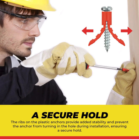 Worker installing Drywall And Hollow-Wall Anchor Assortment Kit With Screws in wooden surface, showing anchor expansion.